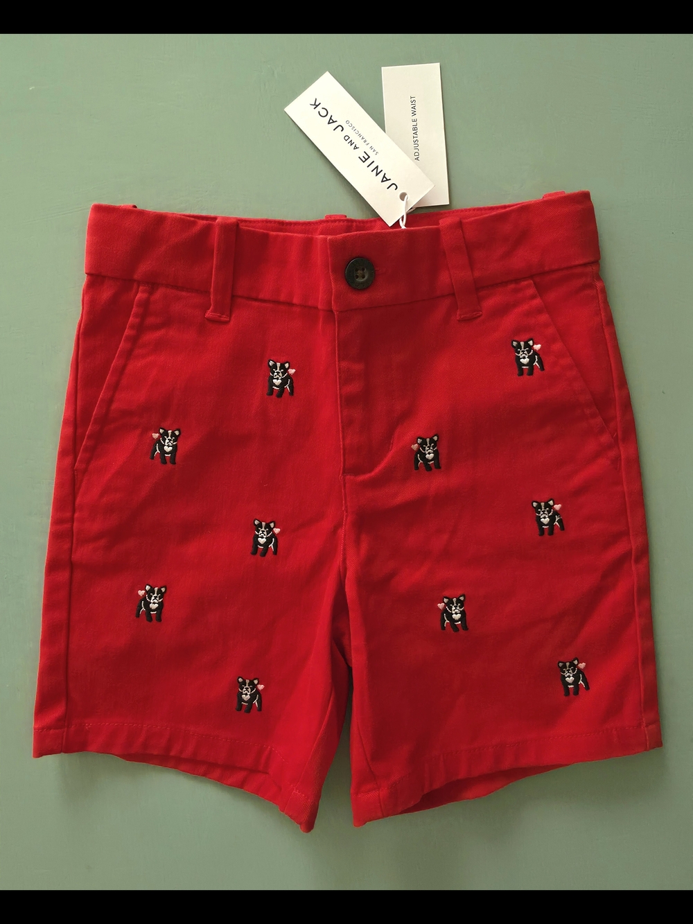 Janie & Jack French Bull Dog Red Boys Hearts Dog Shorts Adjustable Waist 4T